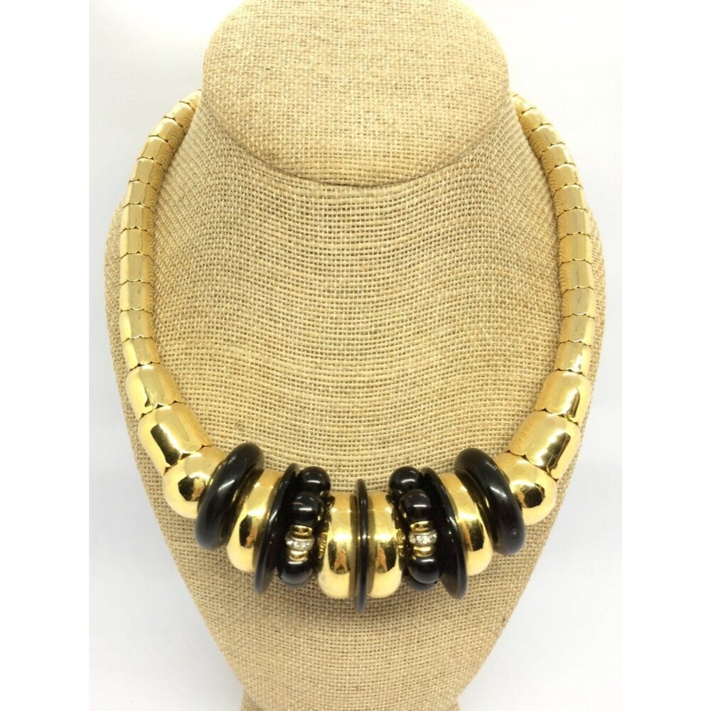 Vintage Collar Necklace Gold Tone Black Chunky Tube Statement Retro Bib Tribal